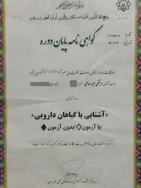 گواهینامه پایان دوره مرتضی میرصالحی-میرصالحی
